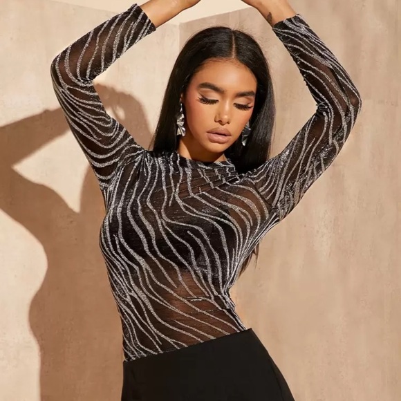 Lettuce Trim Glitter Sheer Mesh Top Without Bra - Picture 1 of 4